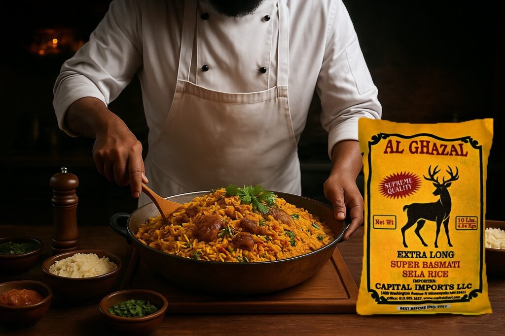 A chef in the USA preparing a large pot of biryani using Al Ghazal Extra Long Aged Basmati Rice for restaurants and catering