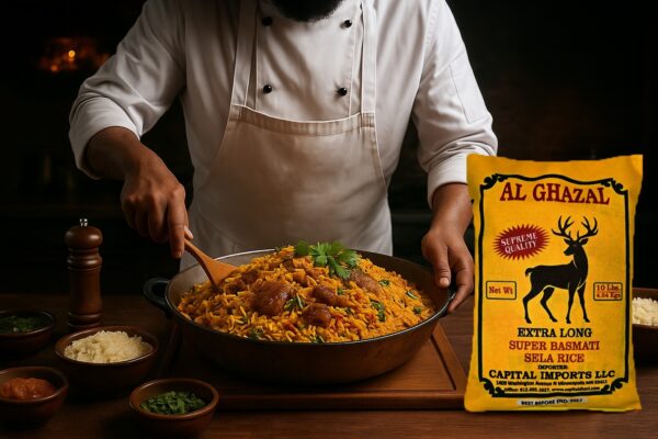 A chef in the USA preparing a large pot of biryani using Al Ghazal Extra Long Aged Basmati Rice for restaurants and catering