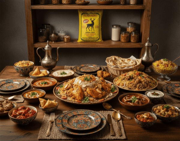 A family in the USA enjoying biryani made with Al Ghazal Extra Long Aged Basmati Rice at a dinner gathering