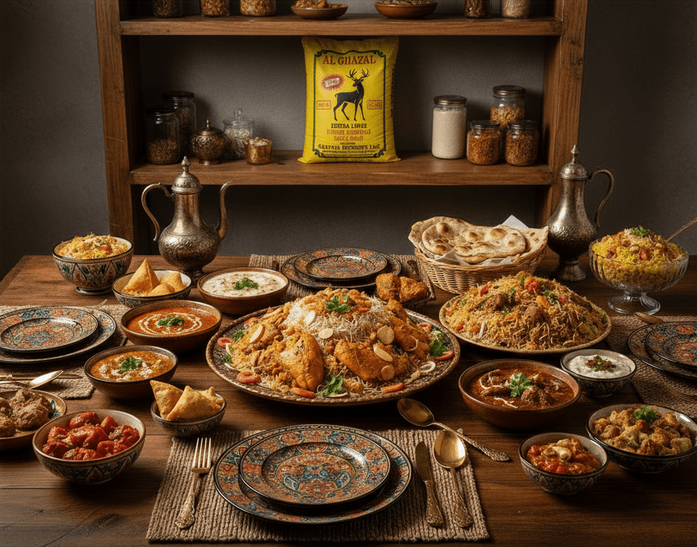 A family in the USA enjoying biryani made with Al Ghazal Extra Long Aged Basmati Rice at a dinner gathering