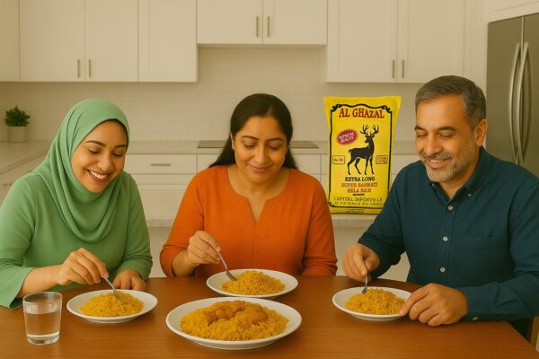 A family in the USA enjoying biryani made with Al Ghazal Extra Long Aged Basmati Rice at a dinner gathering