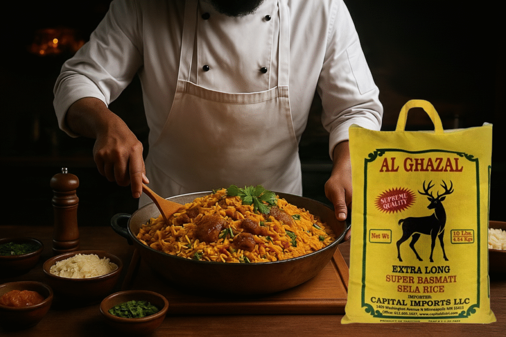A chef in the USA preparing a large pot of biryani using Al Ghazal Extra Long Aged Basmati Rice for restaurants and catering