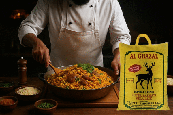 A chef in the USA preparing a large pot of biryani using Al Ghazal Extra Long Aged Basmati Rice for restaurants and catering