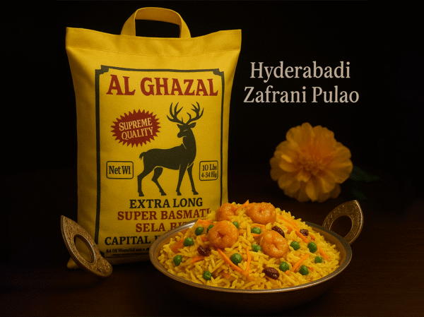 Hyderabadi Zafrani Pulao made with Al Ghazal Extra Long Basmati Rice